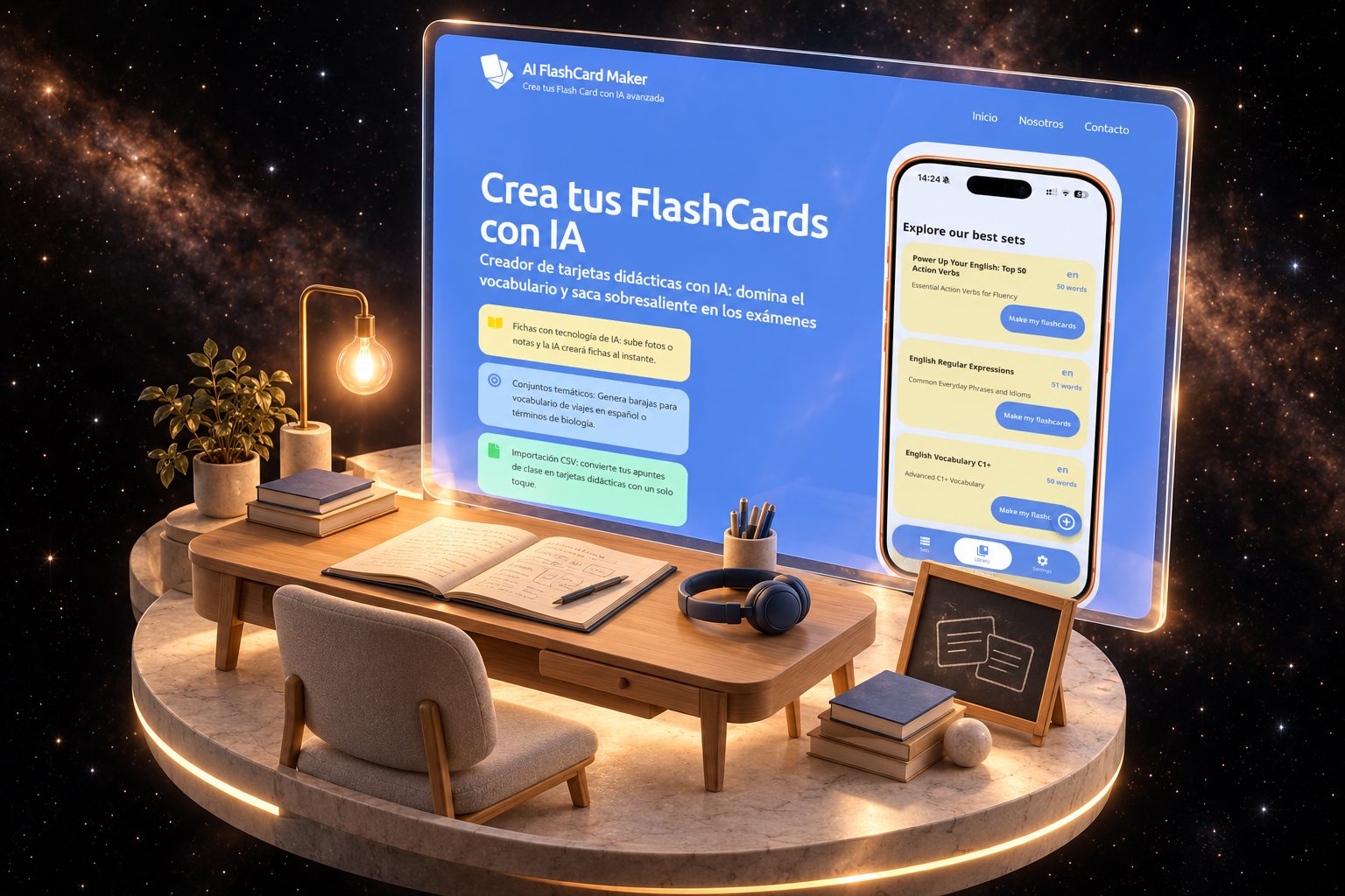 Ilustración de AI Flash Card Maker: aplicación educativa y su web