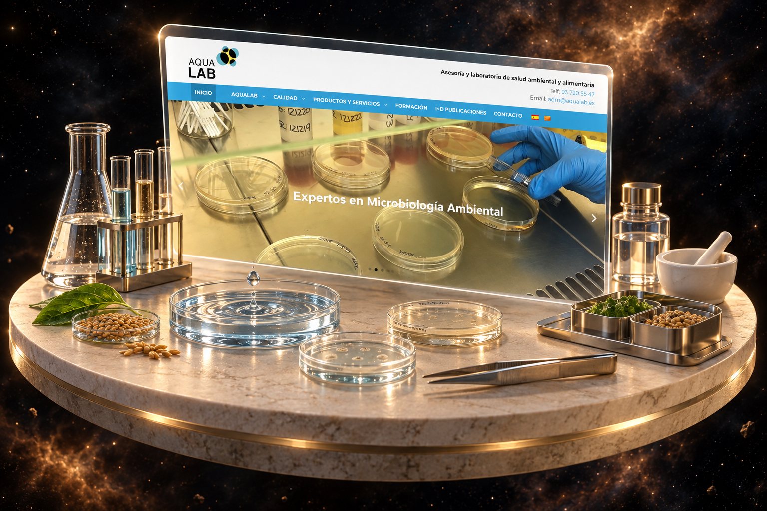 Ilustración de Aqualab: análisis de agua y alimentos y su web