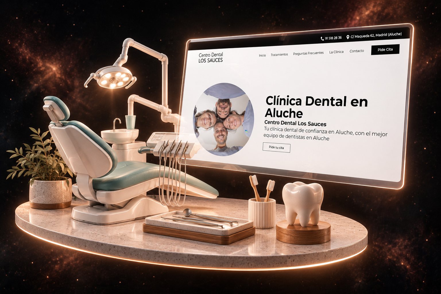 Ilustración de Centro Dental Los Sauces: clínica dental y su web
