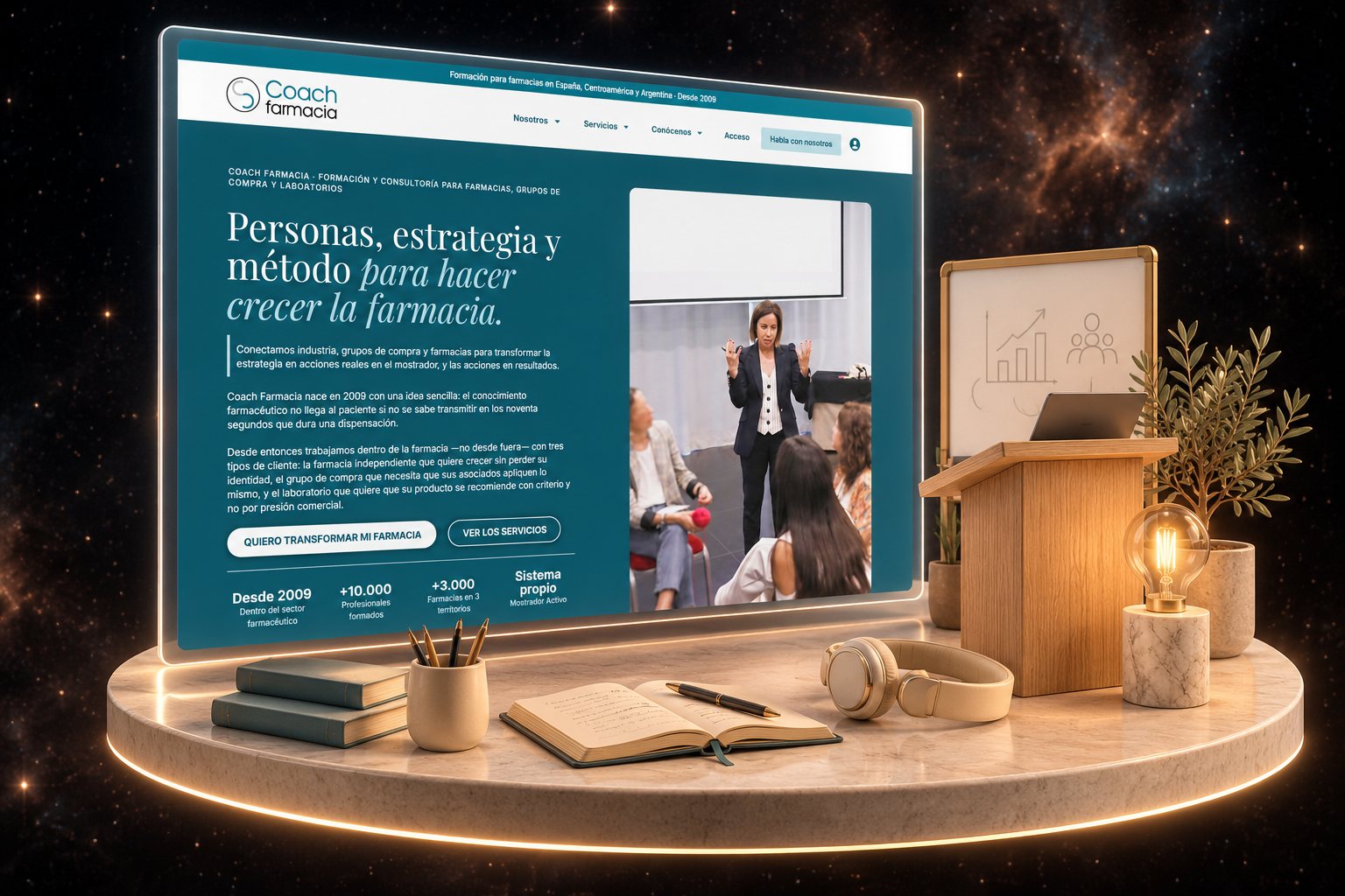 Ilustración de Coach Farmacia: formación para farmacias y su web