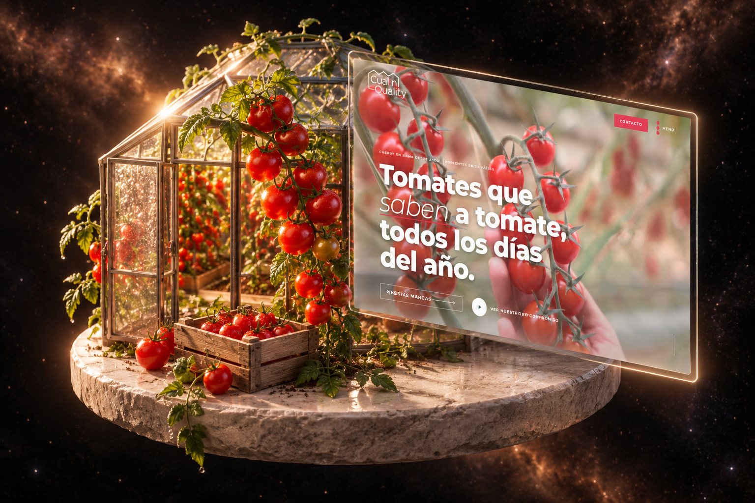 Ilustración de Cualin Quality: tomate cherry en rama y su web