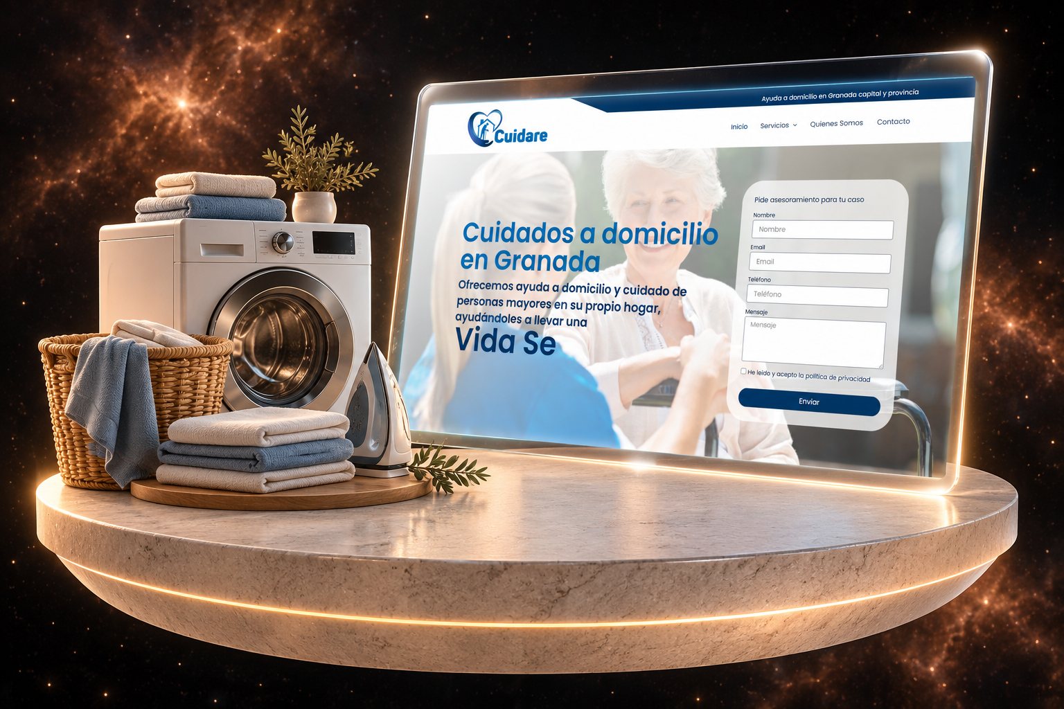 Ilustración de Cuidare: ayuda a domicilio y su web