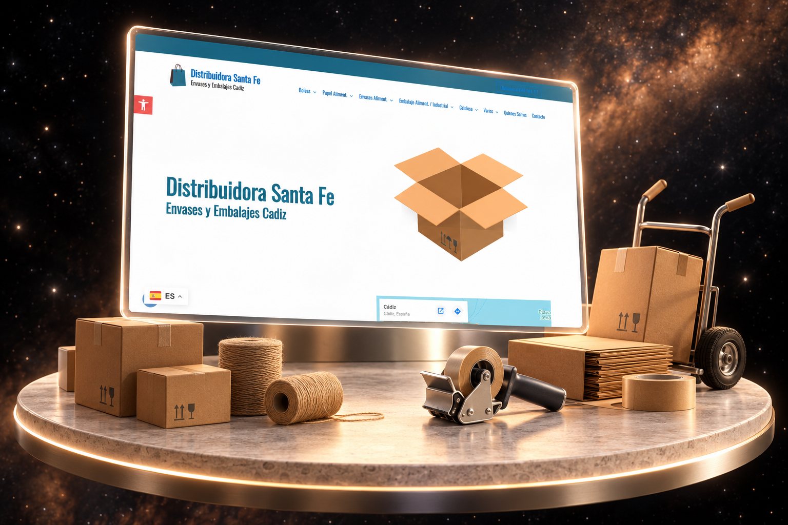 Ilustración de Distribuidora Santa Fe: envases y embalajes y su web