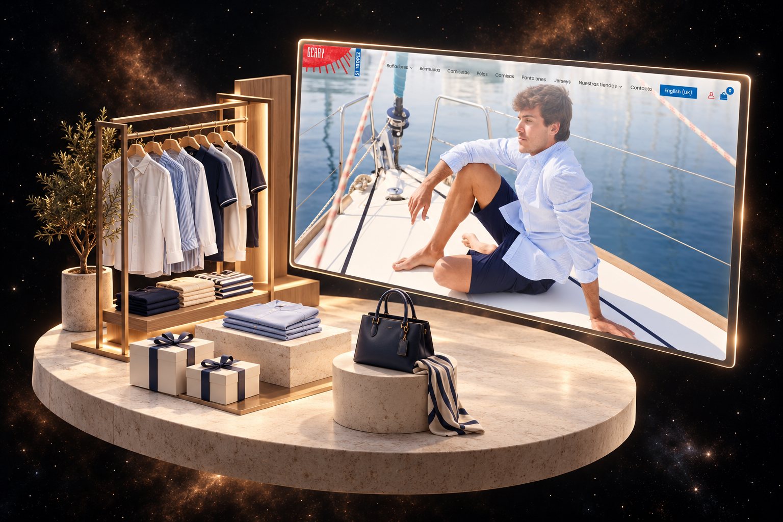 Ilustración de Gerry St Tropez: moda de baño masculina y su web