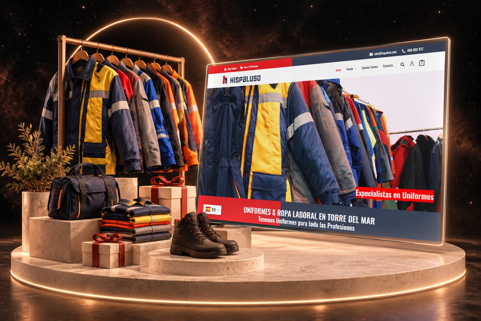 Ilustración de Hispaluso: ropa laboral y su web