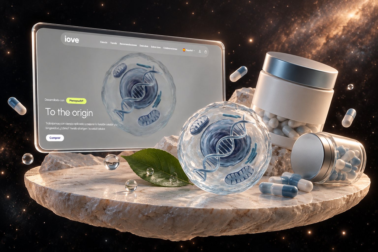 Ilustración de IOVE: nutrición y suscripciones y su web