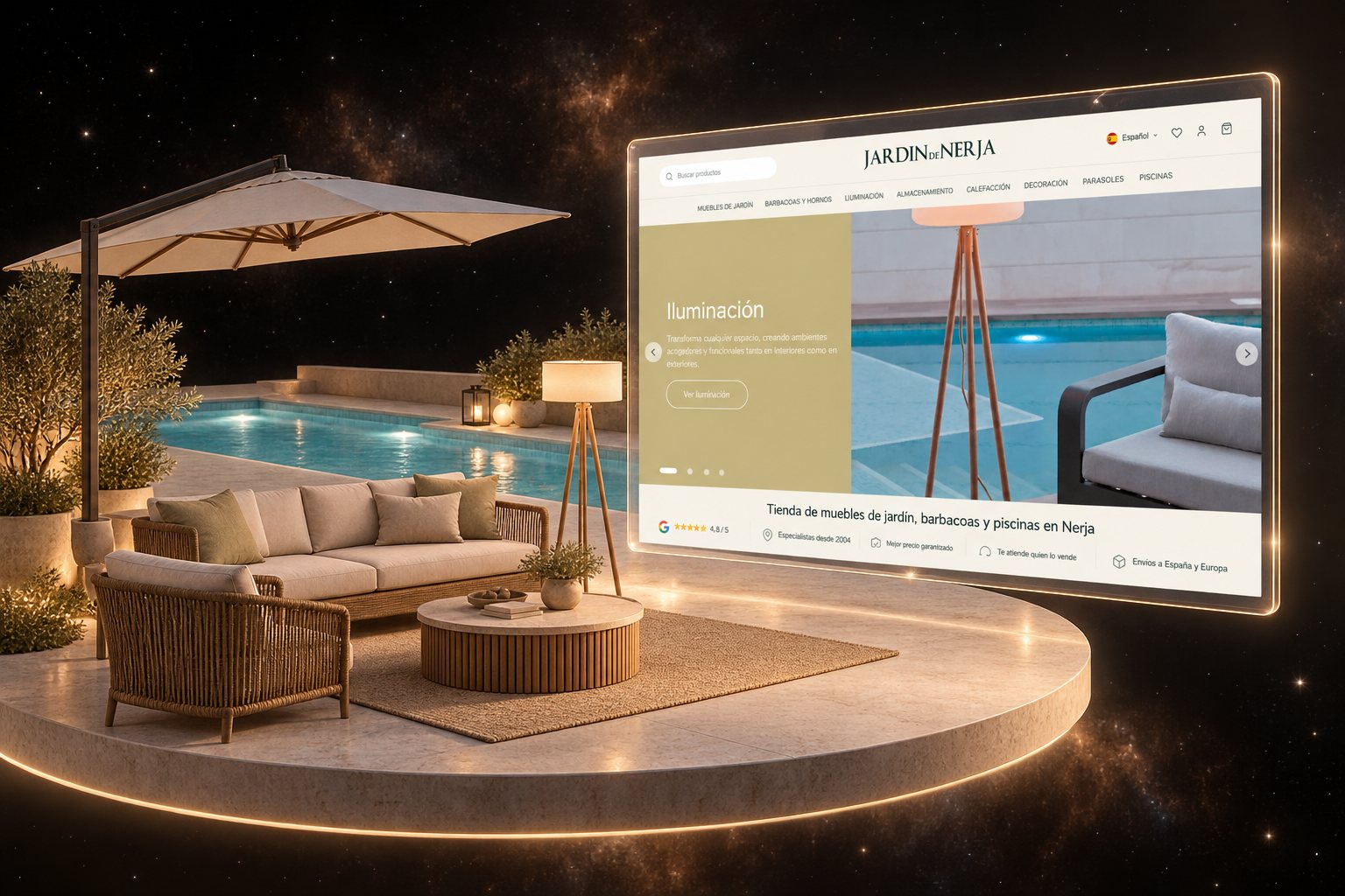 Ilustración de Jardín de Nerja: muebles de jardín y exterior y su web