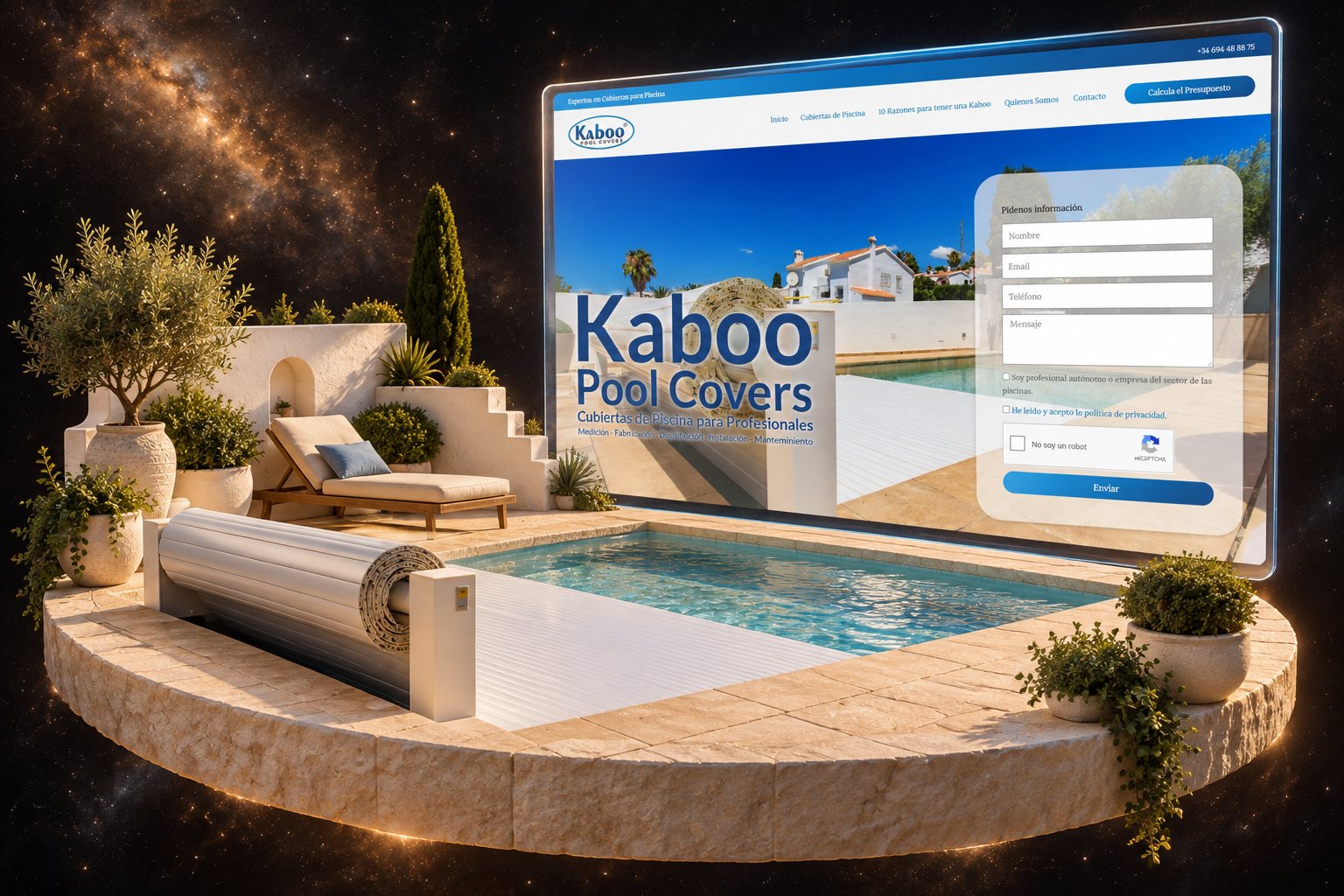 Ilustración de Kaboo Covers: cubiertas de piscina y su web