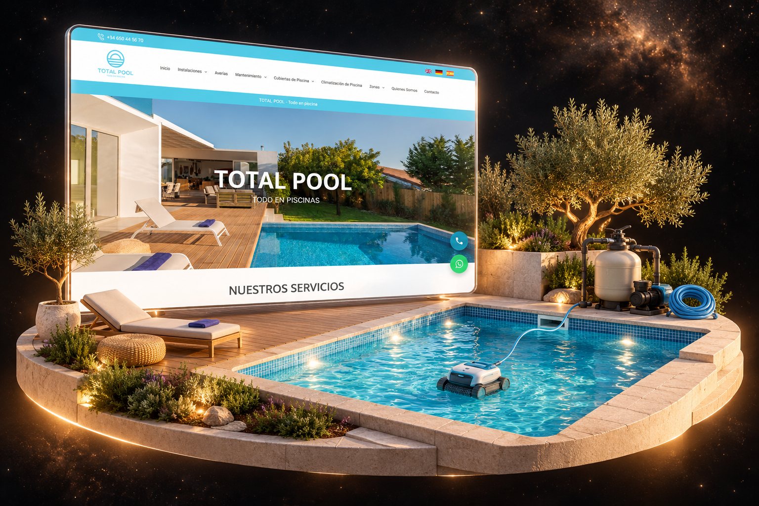 Ilustración de Total Pool Nerja: mantenimiento y equipamiento de piscinas y su web